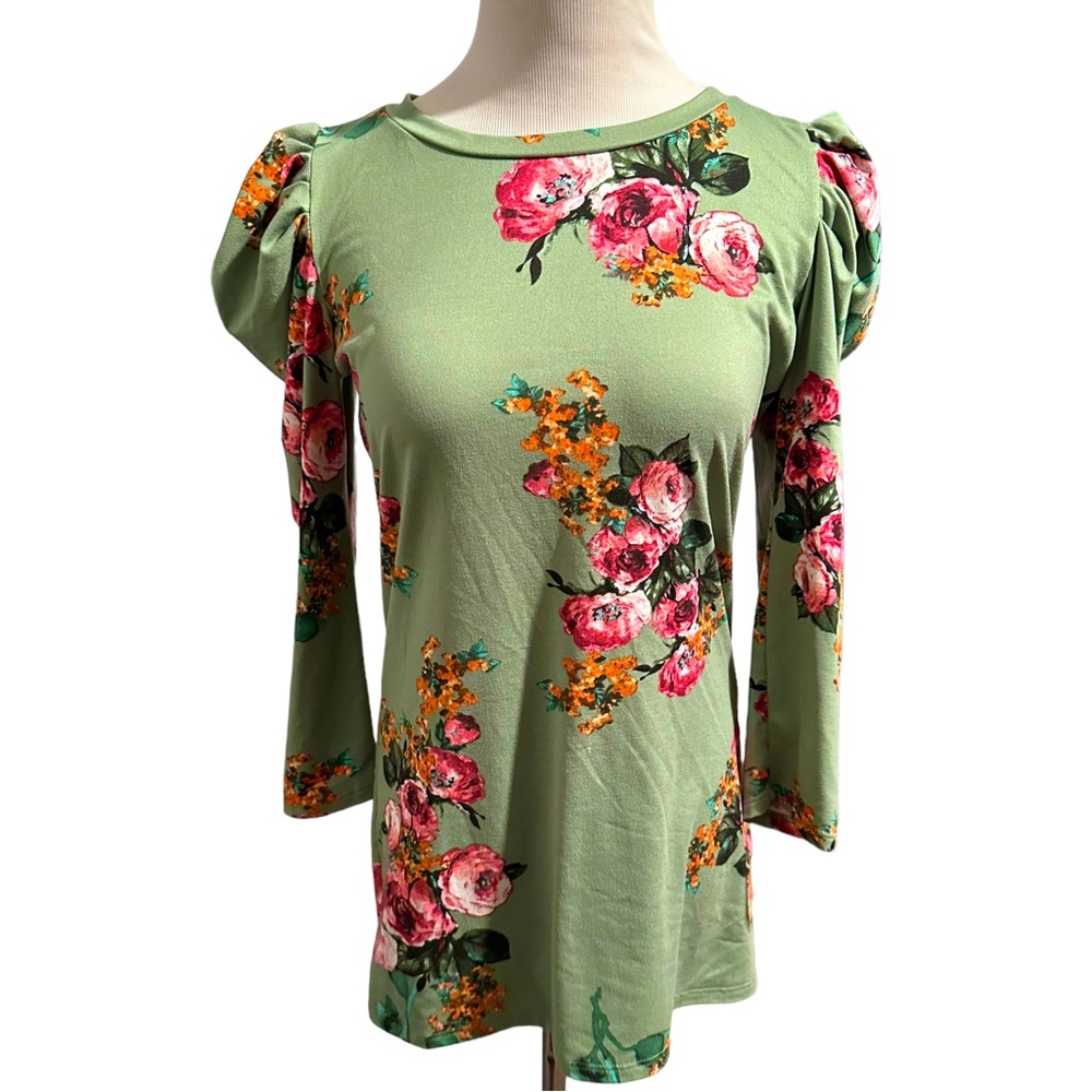 Piphany Green Floral Puff Sleeve Three Quarter Length Sleeves Tee